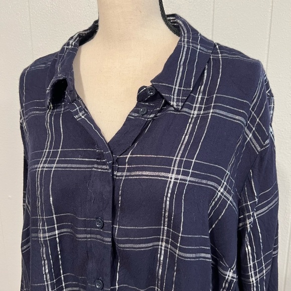 Lane Bryant blue flannel plaid metallic button down shirt. - Picture 5 of 12